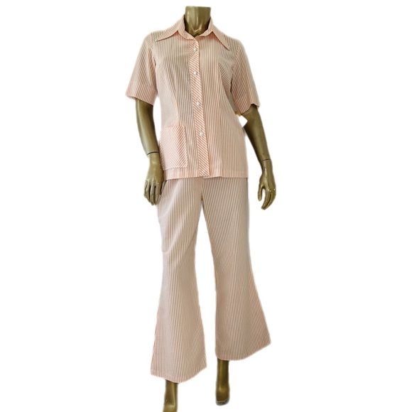 VTG HELEN HENSLEY POLY/COTTON TEXTURED FABRIC-VERTICAL STRIPE 2-PIECE PANT SET